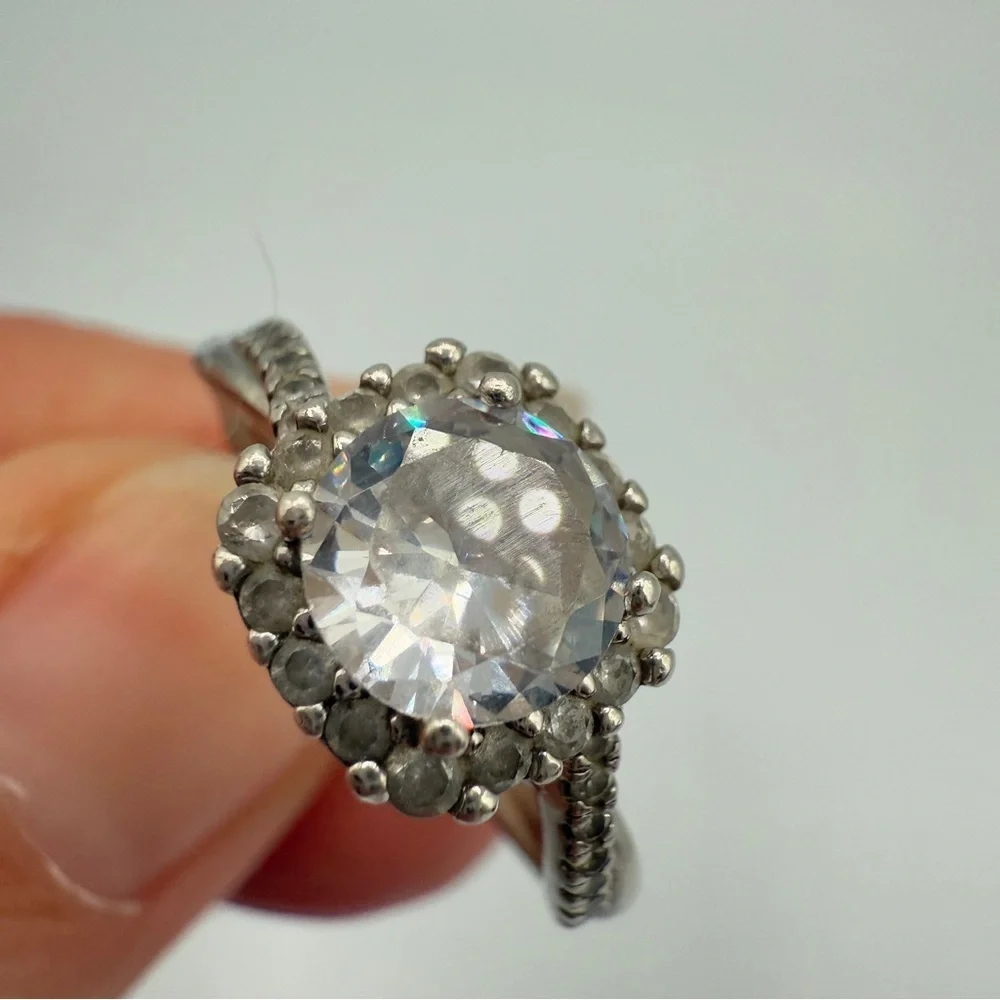Faux Engagement Glamour Ring Marked 925 with CZ Stones - Size 8